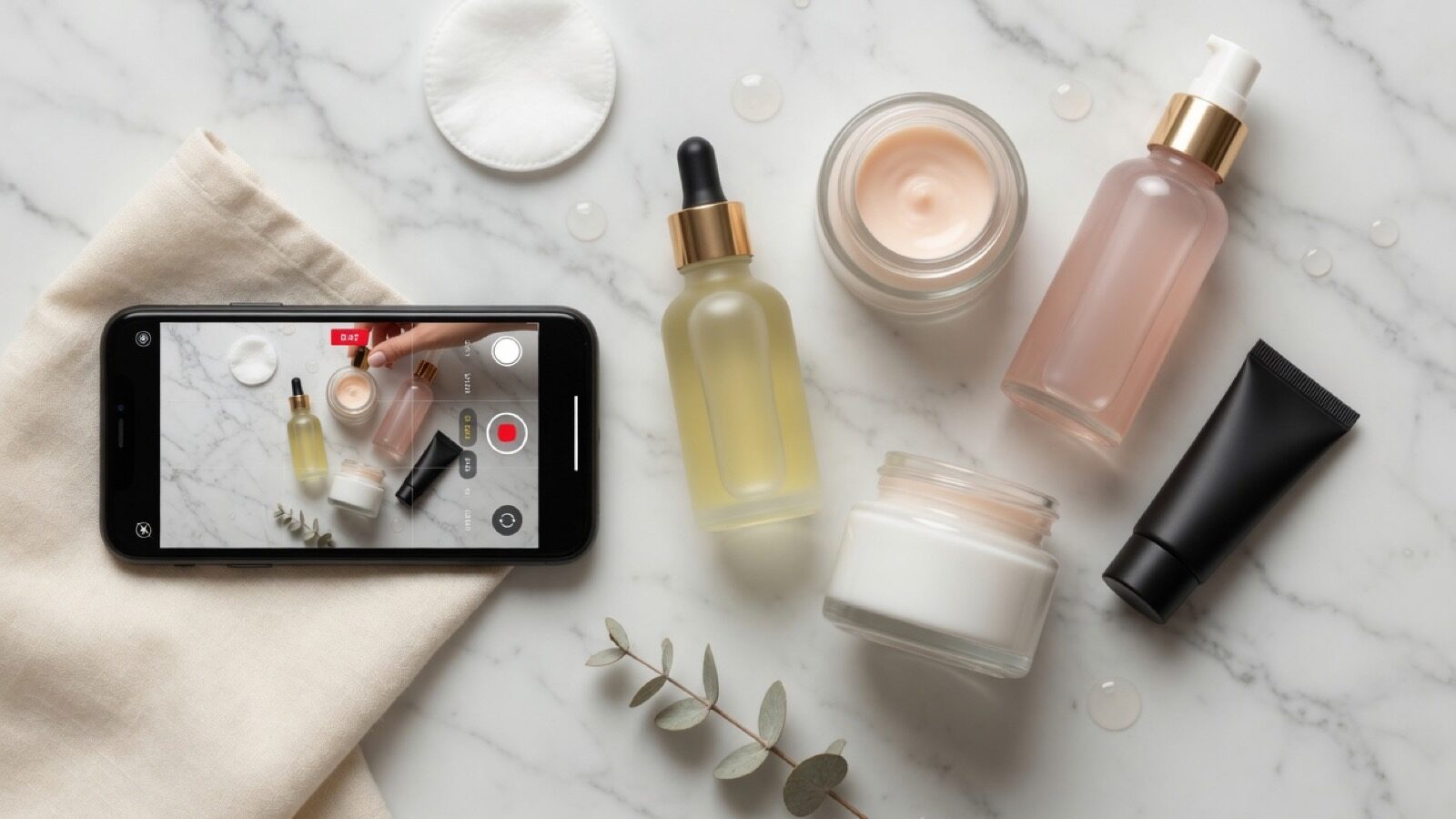 Premium product bottles and a phone staged for an ecommerce short-form product video