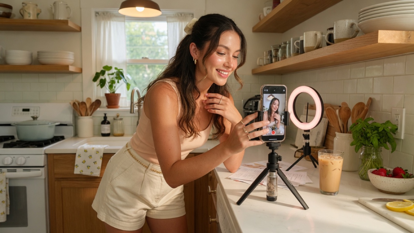 Creator filming a short-form video with a phone on a tripod and a ring light at home
